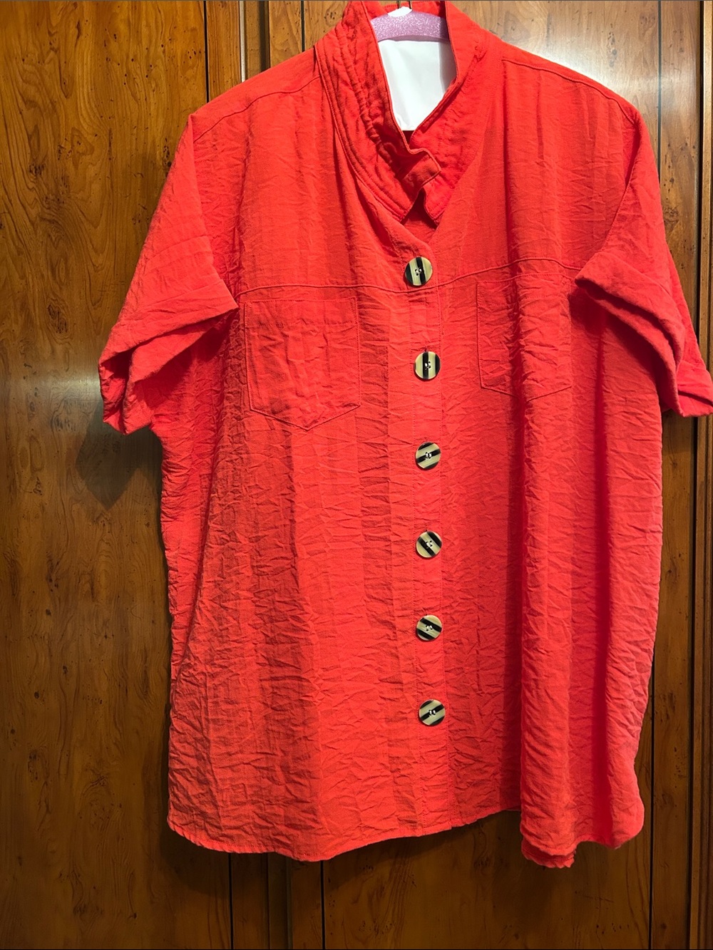 John Mark Red Button-Front Short Sleeve Blouse